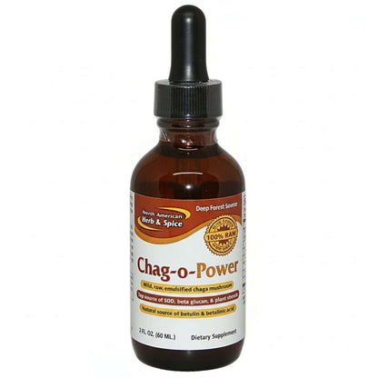 Bottle of Chag-o-Power liquid supplement featuring Liquid Chaga with P73 Oregano for energy and stamina.
