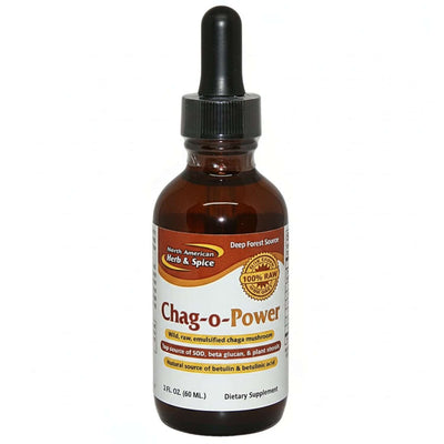 Bottle of Chag-o-Power liquid supplement featuring Liquid Chaga with P73 Oregano for energy and stamina.