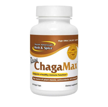 Wild Raw Chaga Mushroom Capsules bottle from North American Herb & Spice, promoting energy and immune support.