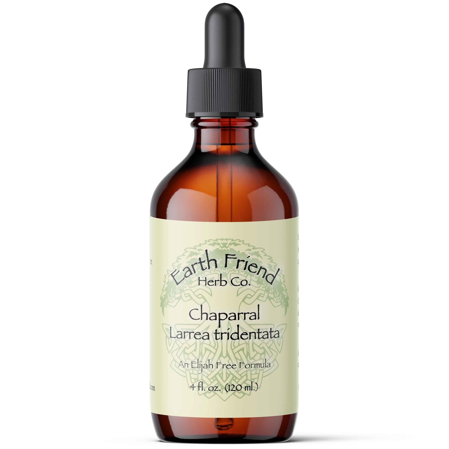 Brown glass dropper bottle labeled 'Earth Friend Herb Co. Chaparral Larrea tridentata' on a white background