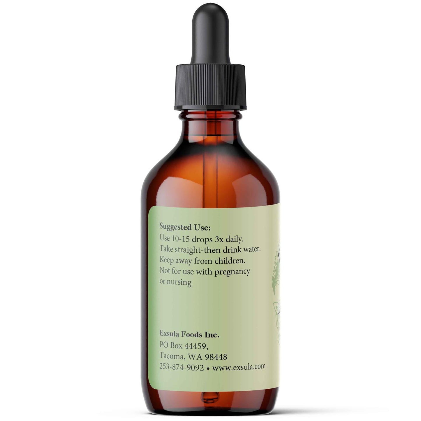 Bottle with dropper labeled 'Exsula Foods Inc.' on a white background