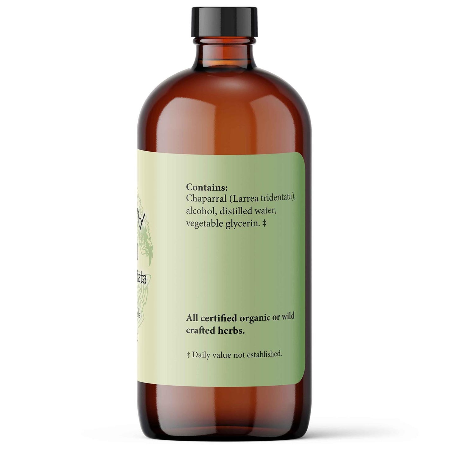 Brown glass bottle with a green label on a white background