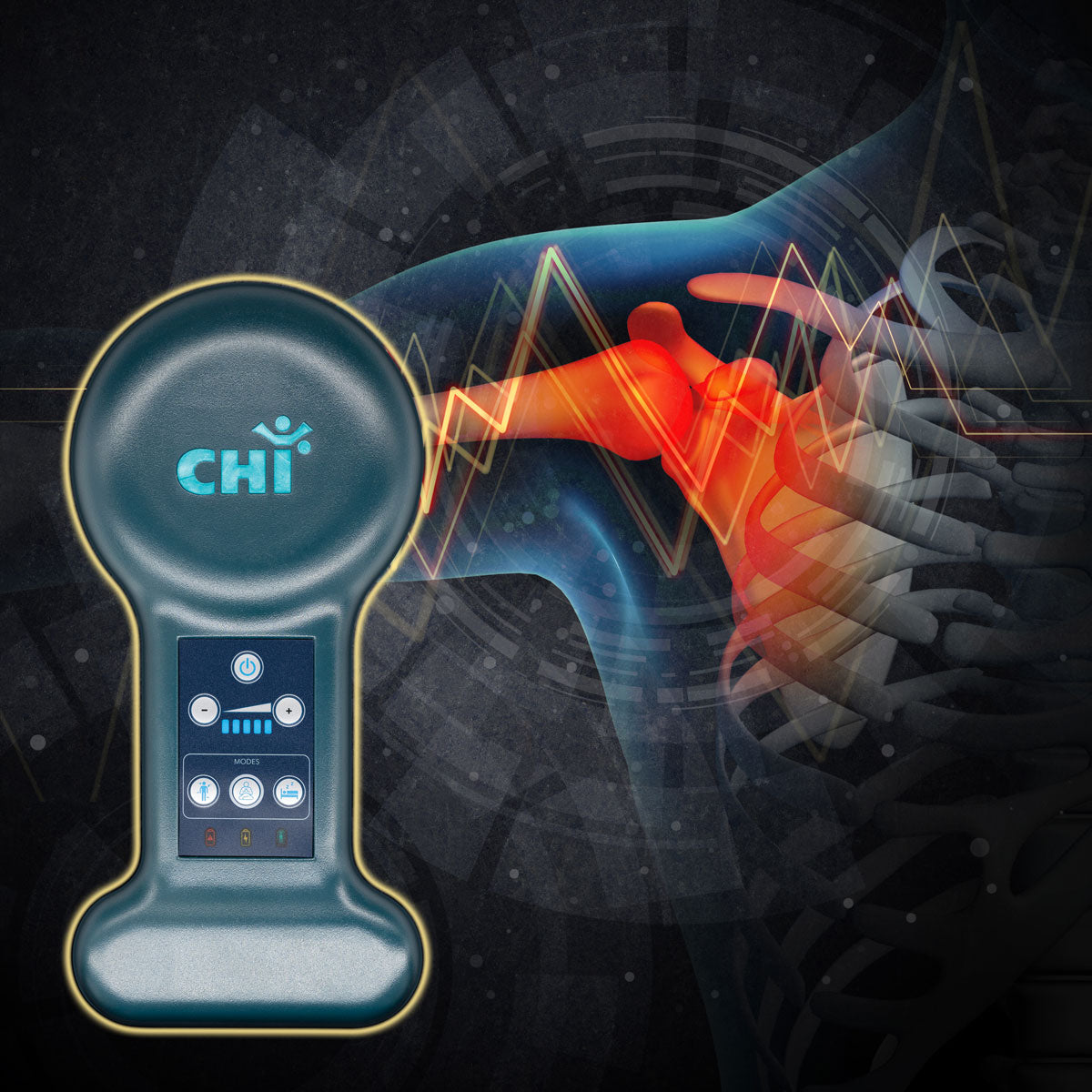 Chi Palm Infratonic Electrotherapy device next to an illustration of shoulder pain relief.