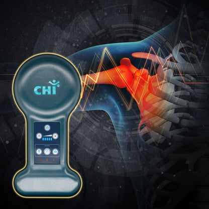 Chi Palm Infratonic Electrotherapy device next to an illustration of shoulder pain relief.
