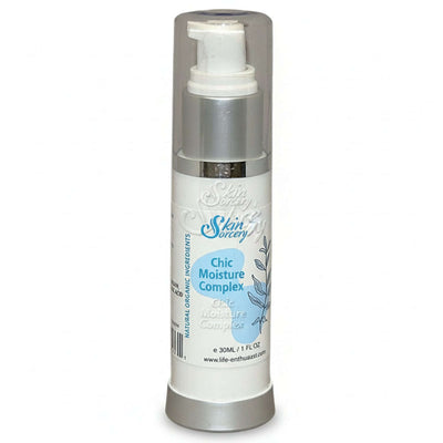 pump bottle of Skin Sorcery Chic Moisture Complex with blue and white label on a white background