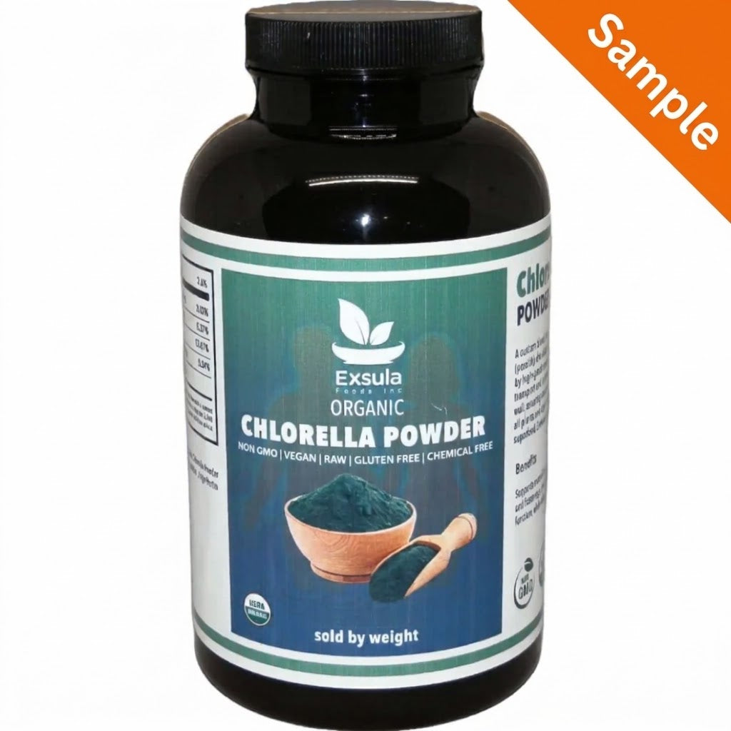 Exsula Organic Chlorella Powder bottle featuring Chlorophyll and Lecithin, of nutrient-dense superfood.
