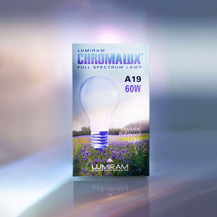 Lumiram Chromalux full spectrum lamp packaging with a blurred background