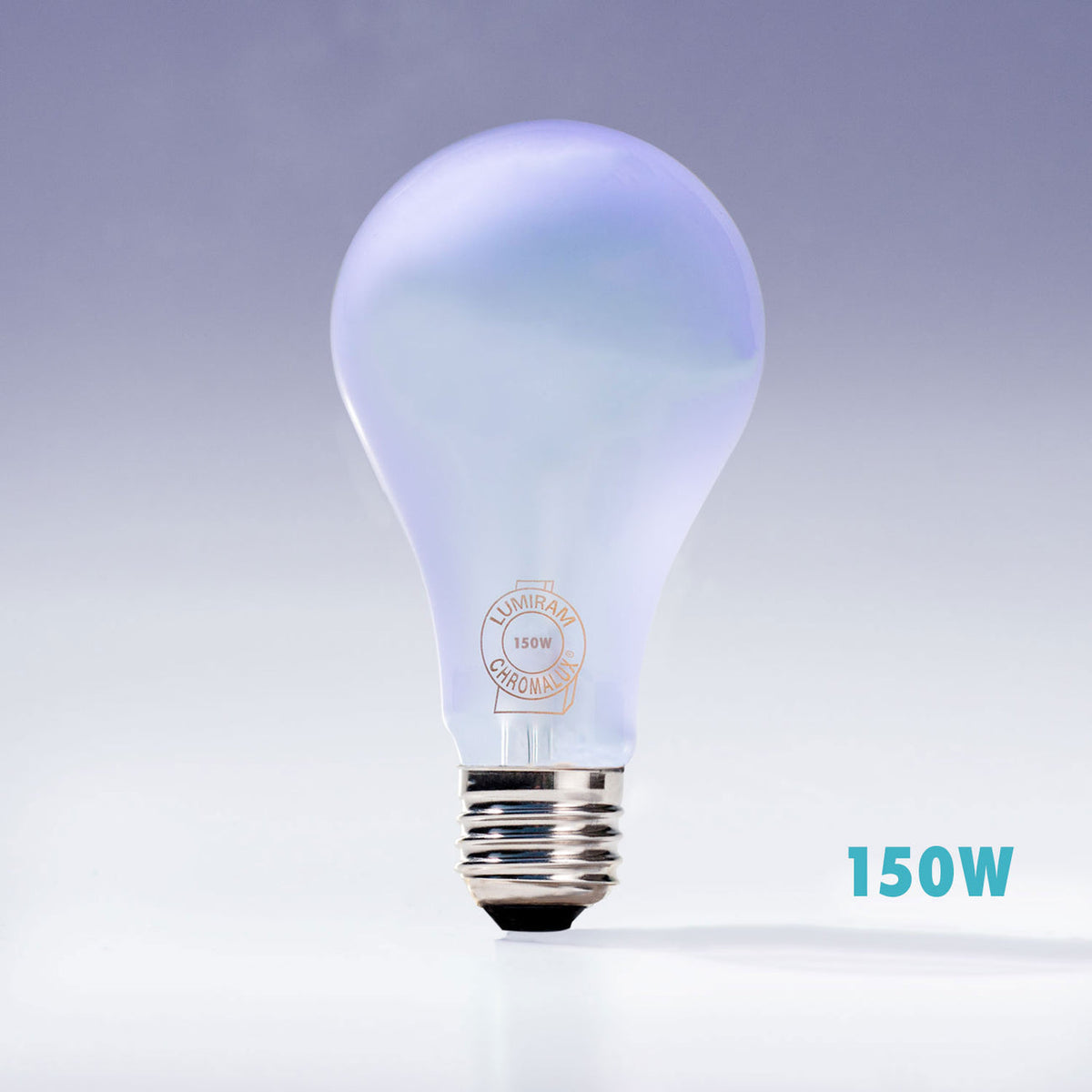 A 150W LED light bulb with a frosted glass body and a silver screw base, shown against a light gray gradient background with '150W' text in the lower right.
