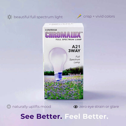 LUMIRAM CHROMALUX A21 3WAY Full Spectrum Lamp box shown on a soft lavender background with marketing text around it. The box features a white background with purple lettering and an illustration of a light bulb over a field of purple flowers.