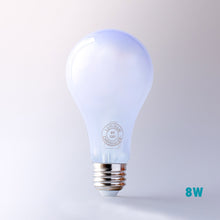 An 8W LED light bulb with a frosted glass envelope and a silver screw base, shown against a light gray gradient background with a blue '8W' text overlay in the bottom right corner.