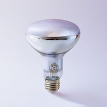 A clear glass R7S heat lamp light bulb with a metallic silver reflective dome and a gold-colored screw base, shown on a light gray background.