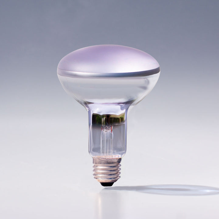A clear glass R30 Reflector light bulb with a ribbed metal screw base, shown on a neutral gray gradient background.