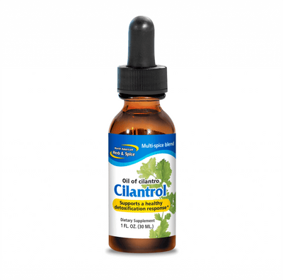 Wild Mountain Cilantro Oil in a dropper bottle, supporting detoxification and cleansing processes.