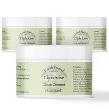 Three jars of Earth Friend Herb Co. Elijah Salve on a white background