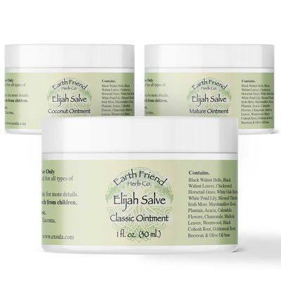 Three jars of Earth Friend Herb Co. Elijah Salve on a white background