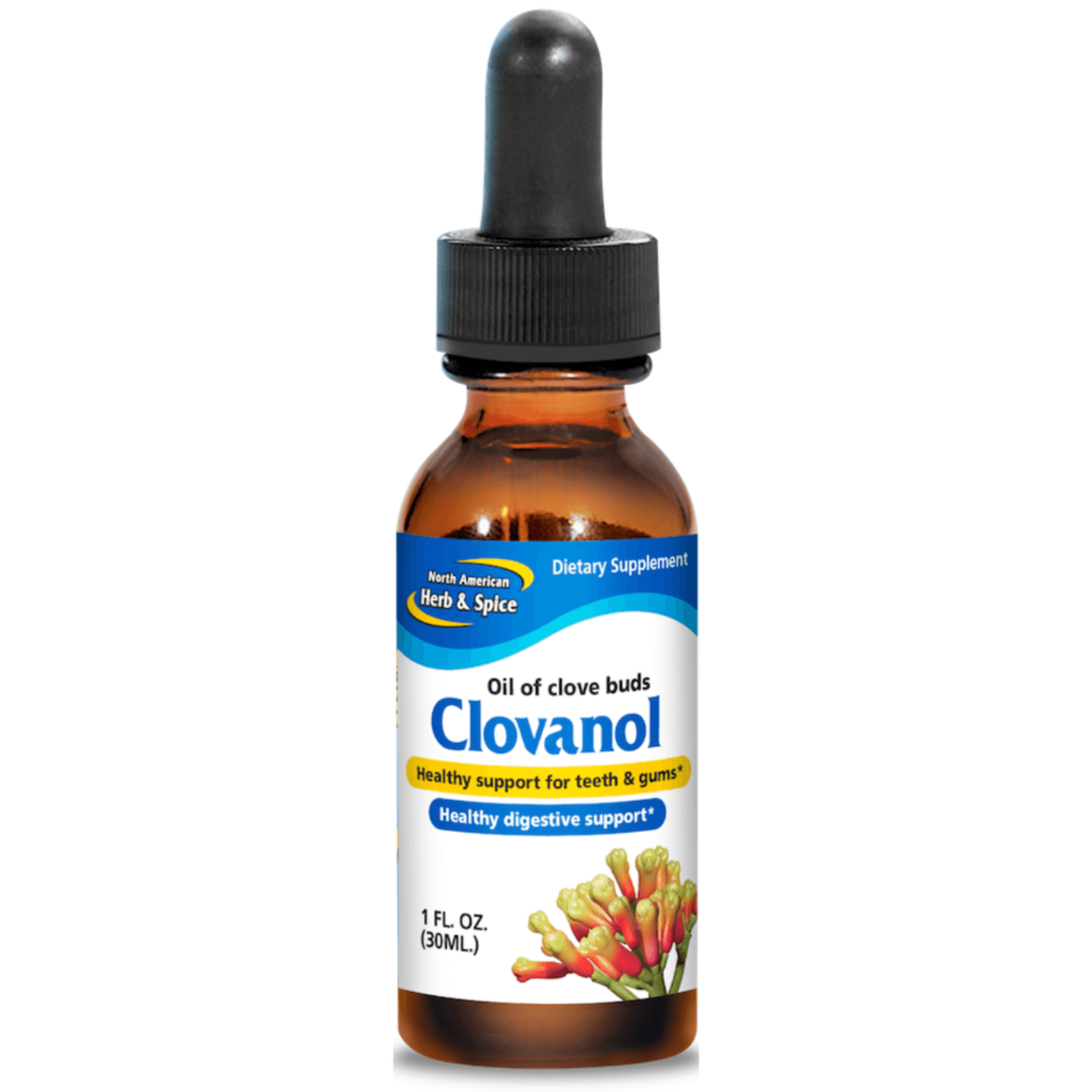 Clovanol Wild Clove Bud Oil Emulsion in a dropper bottle for healthy support of teeth and gums.