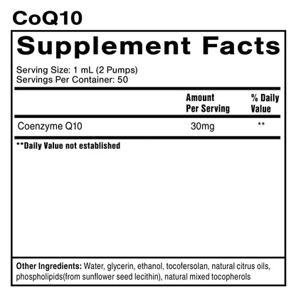 Supplement Facts for Liposomal Coenzyme Q10 showing serving size and ingredients.