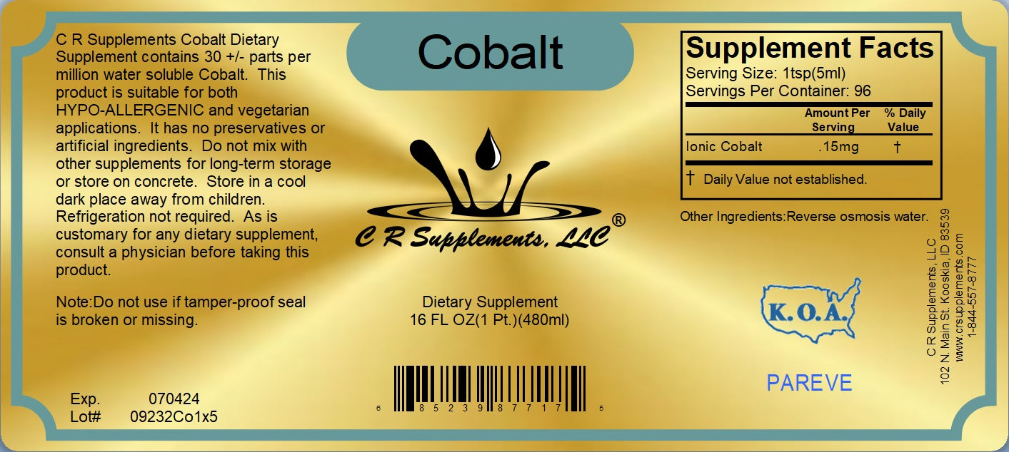 Cobalt Ionic Liquid Mineral dietary supplement label with supplement facts for nerve health and energy.