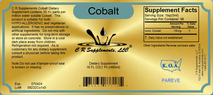 Cobalt Ionic Liquid Mineral dietary supplement label with supplement facts for nerve health and energy.