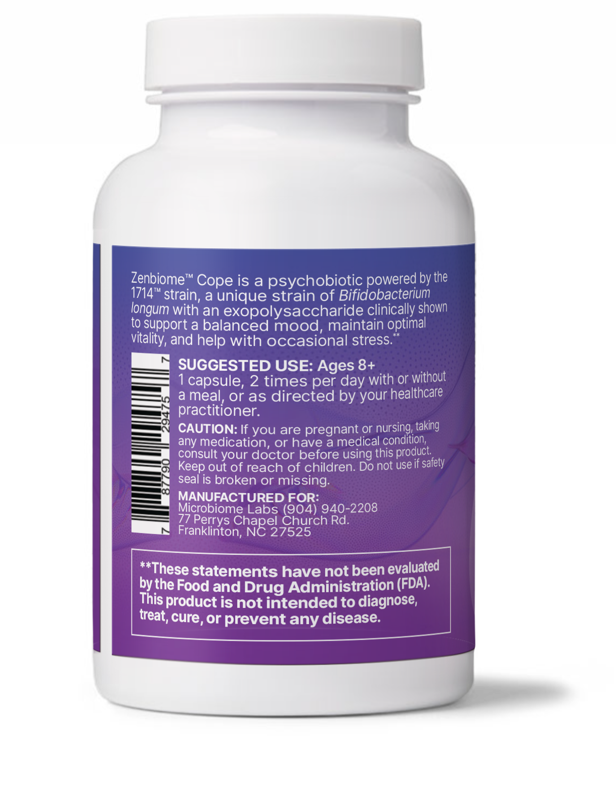 ZenBiome Cope psychobiotic for stress management dietary supplement bottle side view.