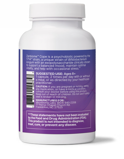 ZenBiome Cope psychobiotic for stress management dietary supplement bottle side view.