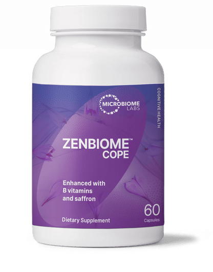 ZenBiome Cope bottle, a psychobiotic for stress management and emotional balance by Microbiome Labs.