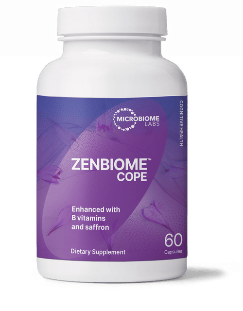 ZenBiome Cope bottle, a psychobiotic for stress management and emotional balance by Microbiome Labs.