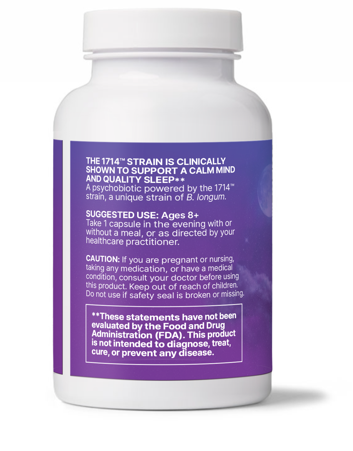 ZenBiome Sleep bottle labeled as a psychobiotic for nighttime relaxation with dosage instructions.