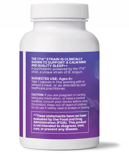 ZenBiome Sleep bottle labeled as a psychobiotic for nighttime relaxation with dosage instructions.