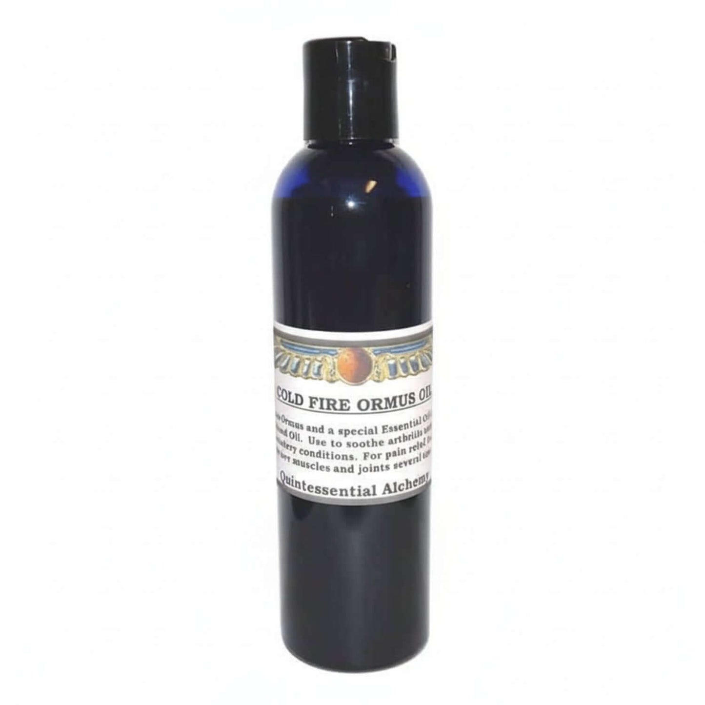 dark blue bottle of Cold Fire ORMUS with a white label on a white background