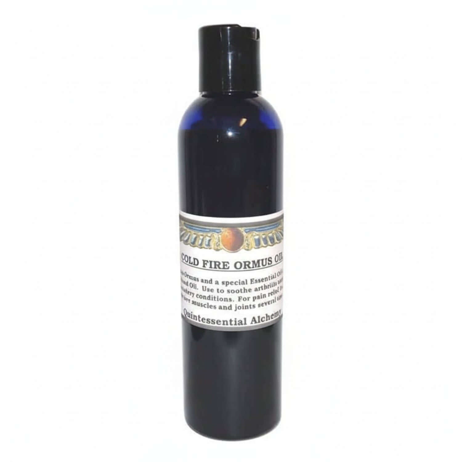 dark blue bottle of Cold Fire ORMUS with a white label on a white background