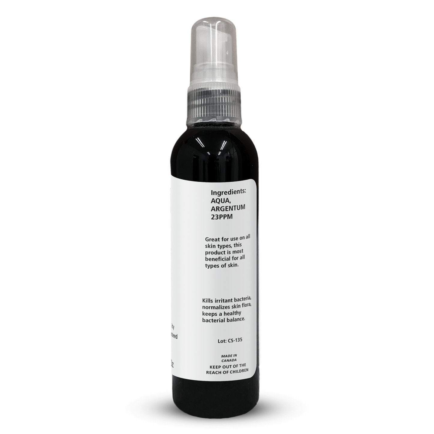 Black spray bottle with a white label on a white background