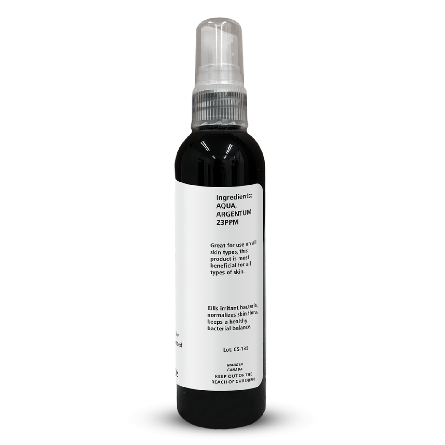 Black spray bottle with a white label on a white background