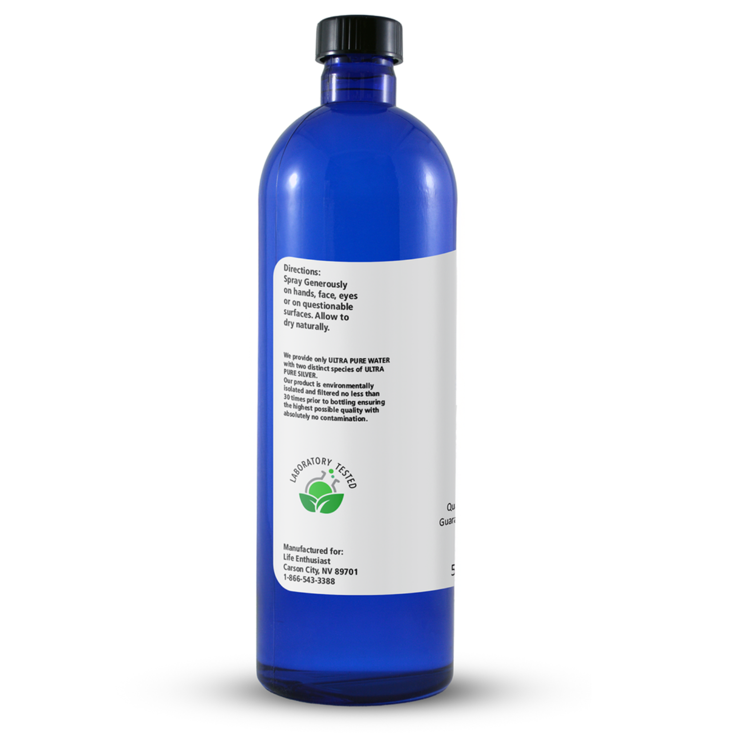 Blue bottle with a white label on a white background