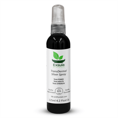 Colloidal Ionic Silver liquid supplement in a spray bottle from Exsula Minerals, designed for bioavailability and body support.