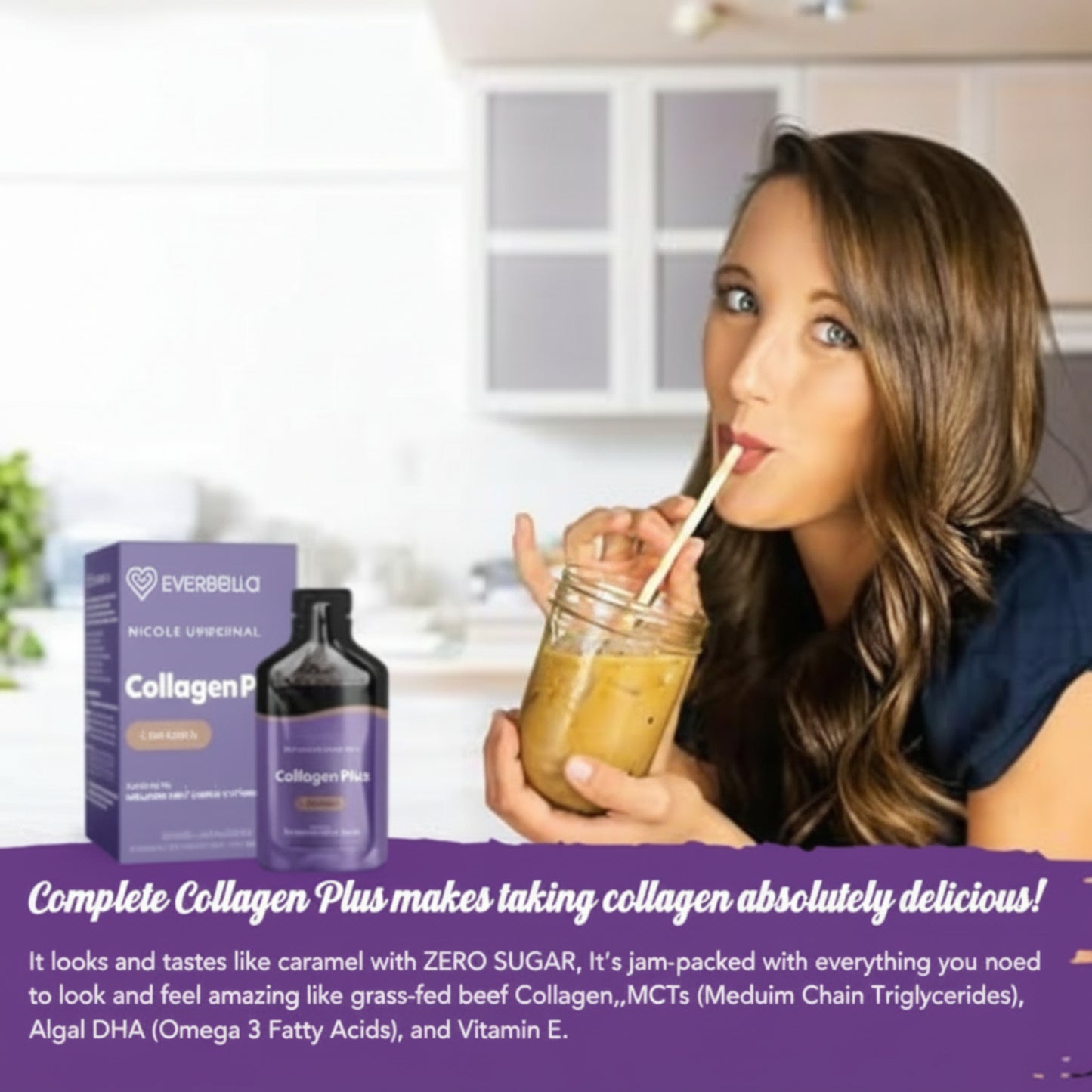 Woman drinking Everbella CollagenPlus supplement with packaging and kitchen in the background.