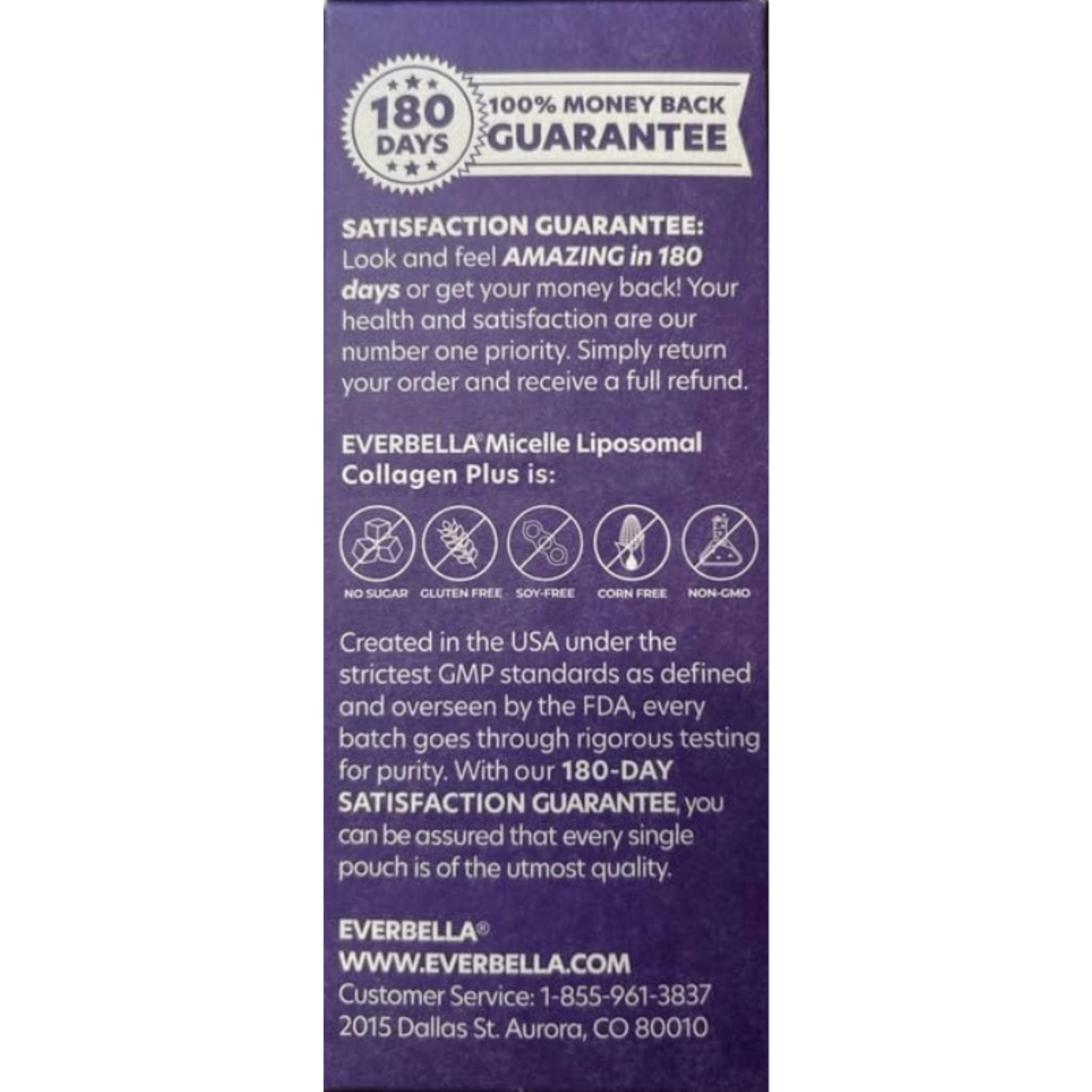 Purple package with text and logos on a white background