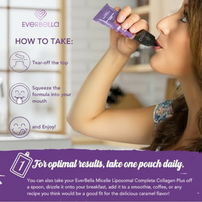 woman drinking Evervella Collagen Plus  with usage instructions displayed.