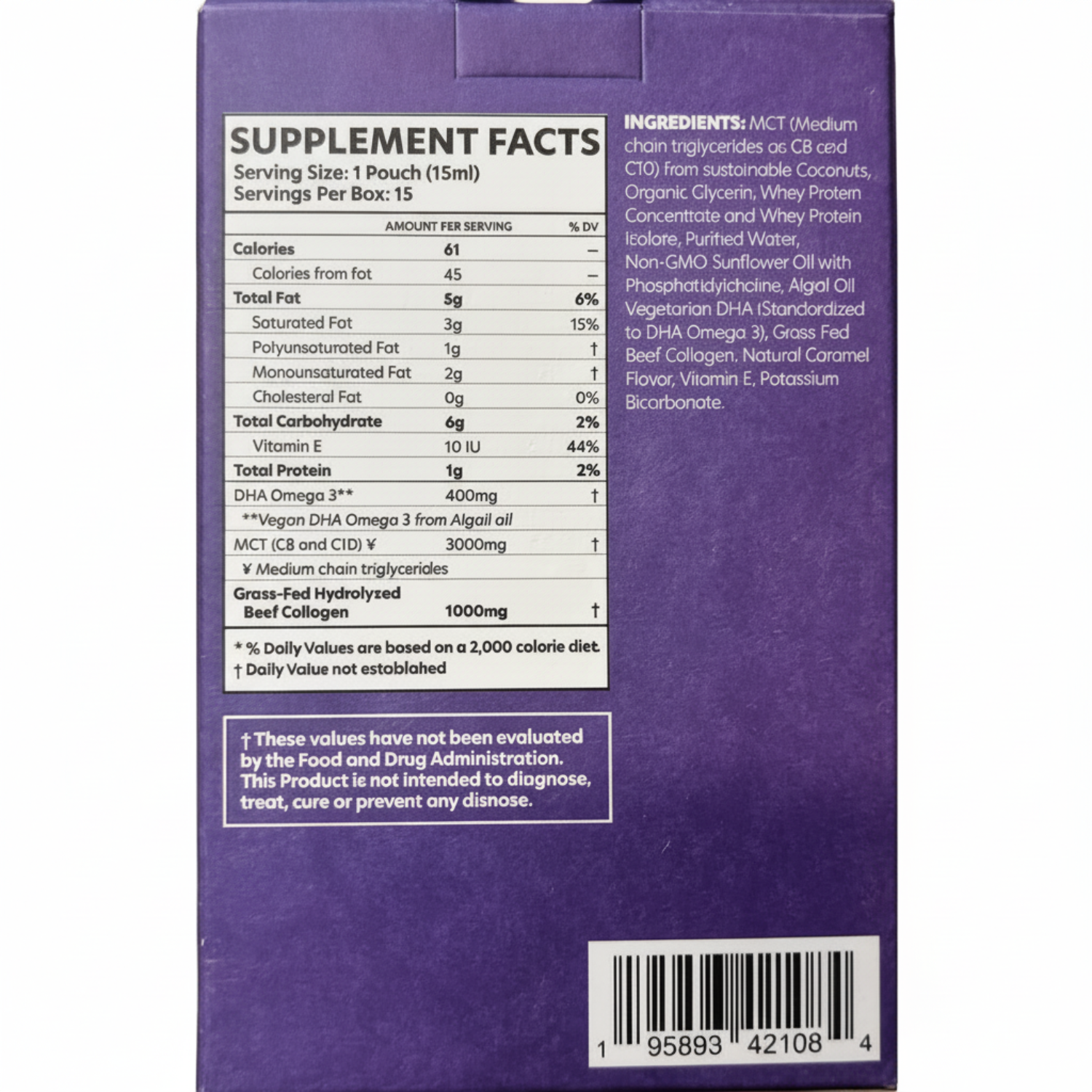 Supplement package with nutritional facts and ingredients listed on a purple background