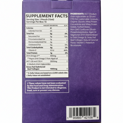 Supplement package with nutritional facts and ingredients listed on a purple background