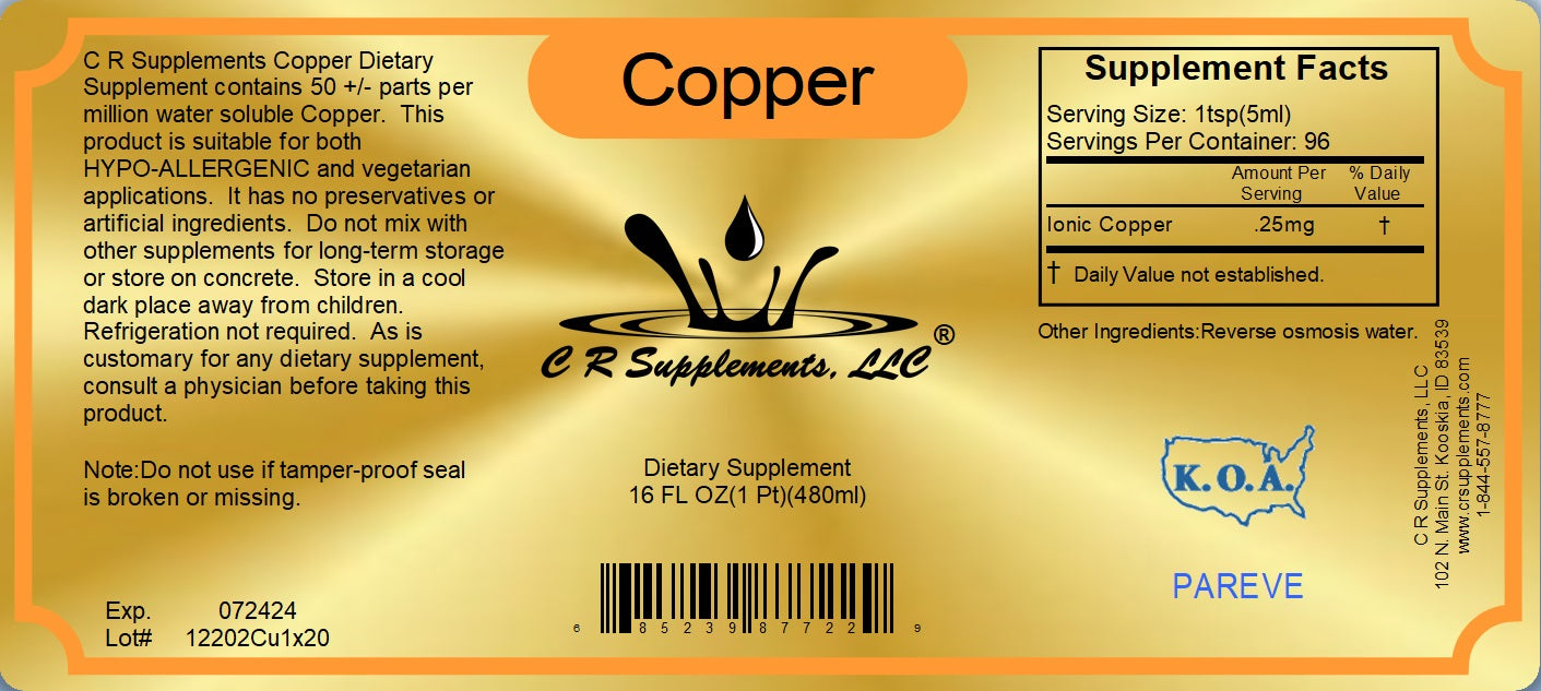 Copper dietary supplement label showing supplement facts, serving sizes, and ingredients for mineral support.