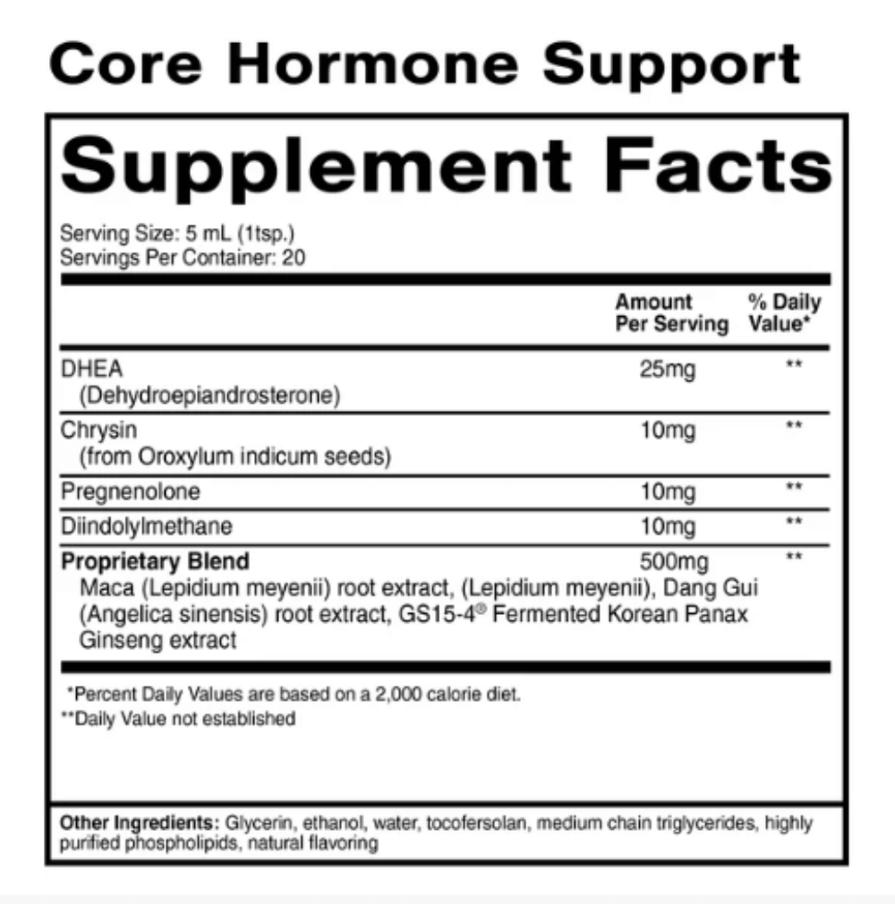 Core Hormone Support Supplement Facts showing Bioavailable DHEA and Pregnenolone details and ingredients.