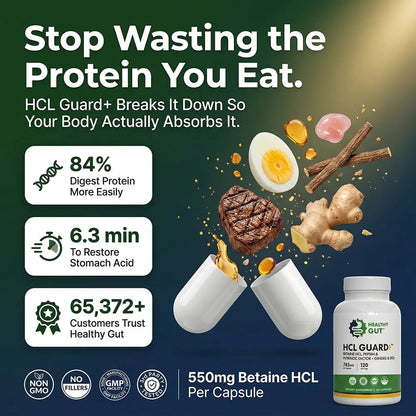 HCL Guard - Betaine HCl and Digestive Enzymes packaging with protein breakdown benefits and customer trust statistics.