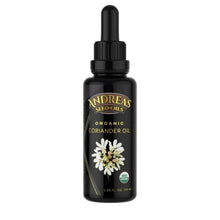 Andreas Organic Coriander Seed Oil in a dropper bottle for digestive balance and skin vitality.