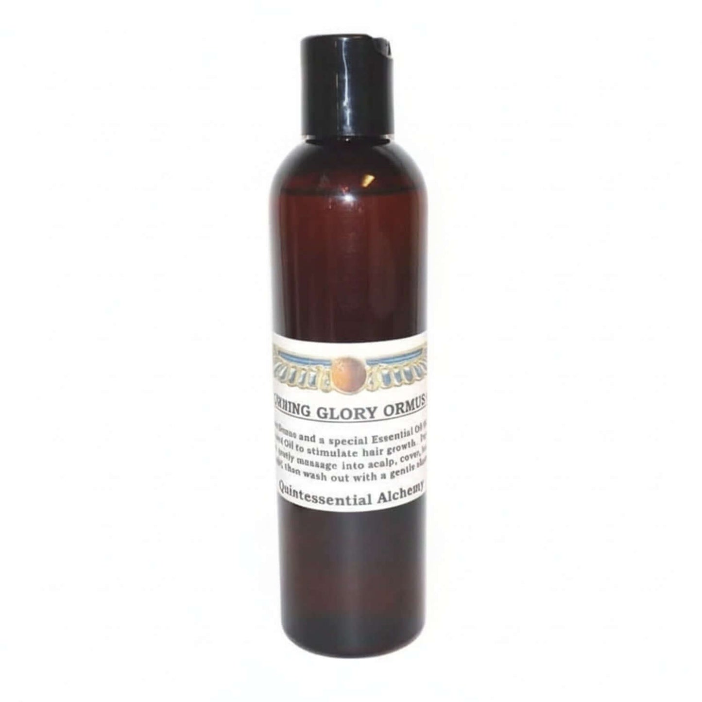 Brown bottle of Crowning Glory ORMUS with white label on a white background