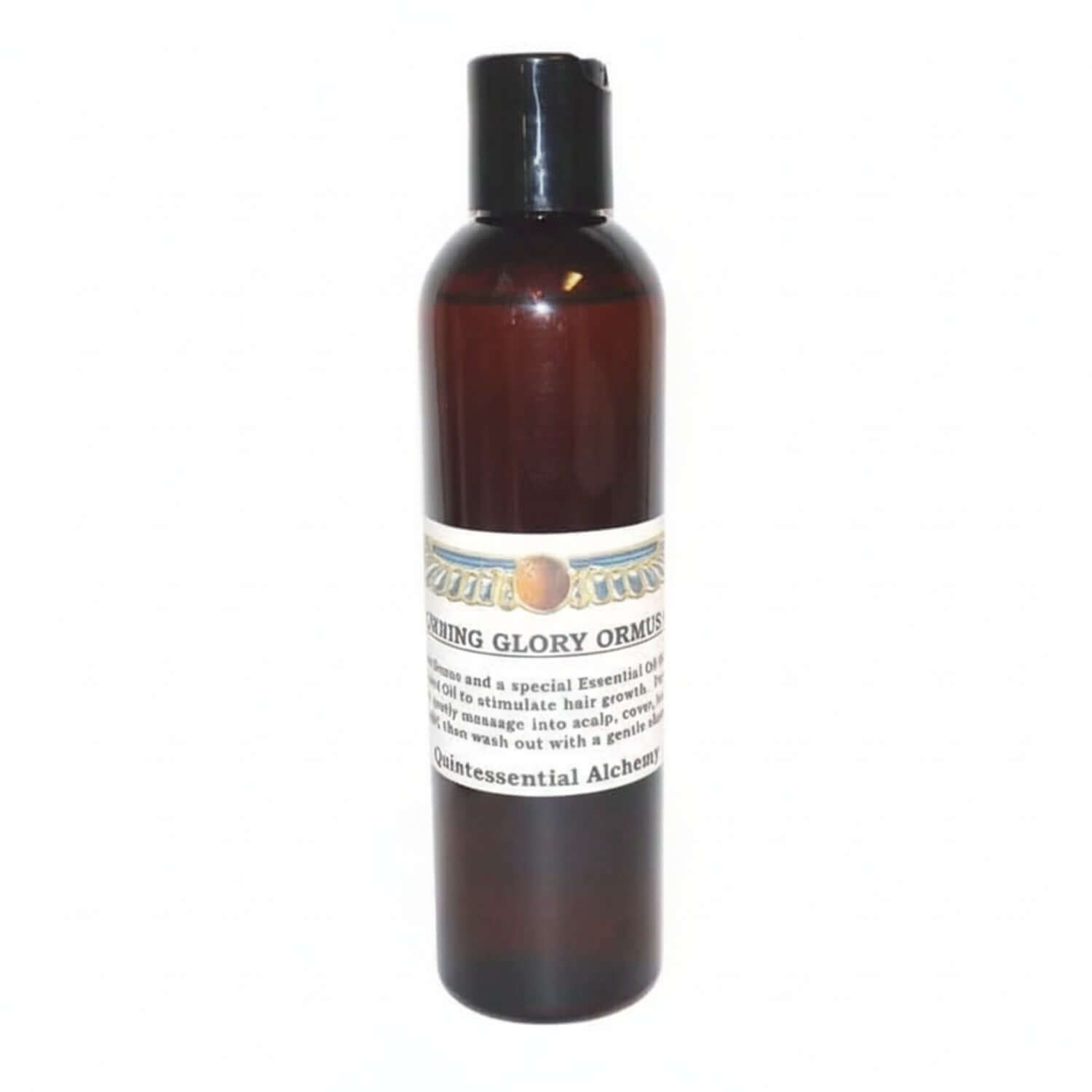 Brown bottle of Crowning Glory ORMUS with white label on a white background