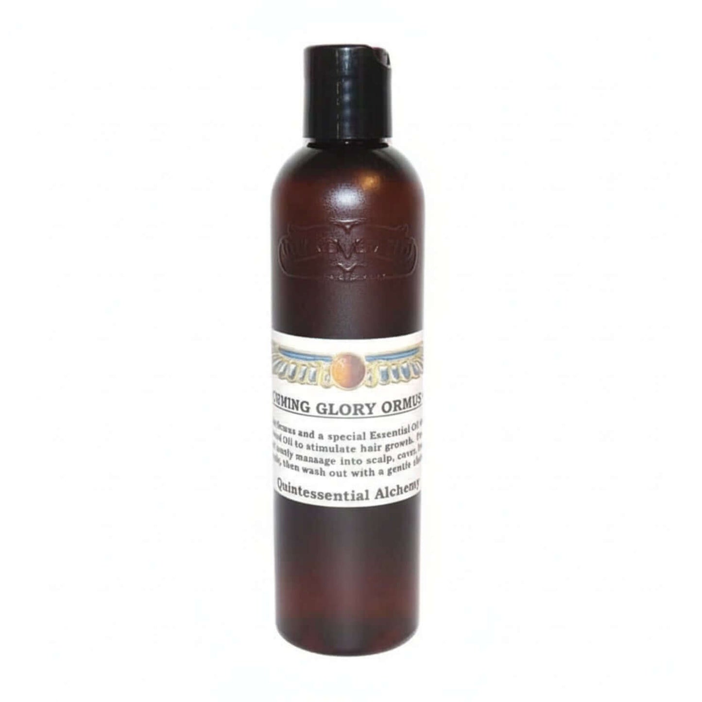 Brown bottle of Crowning Glory ORMUS with white label on a white background
