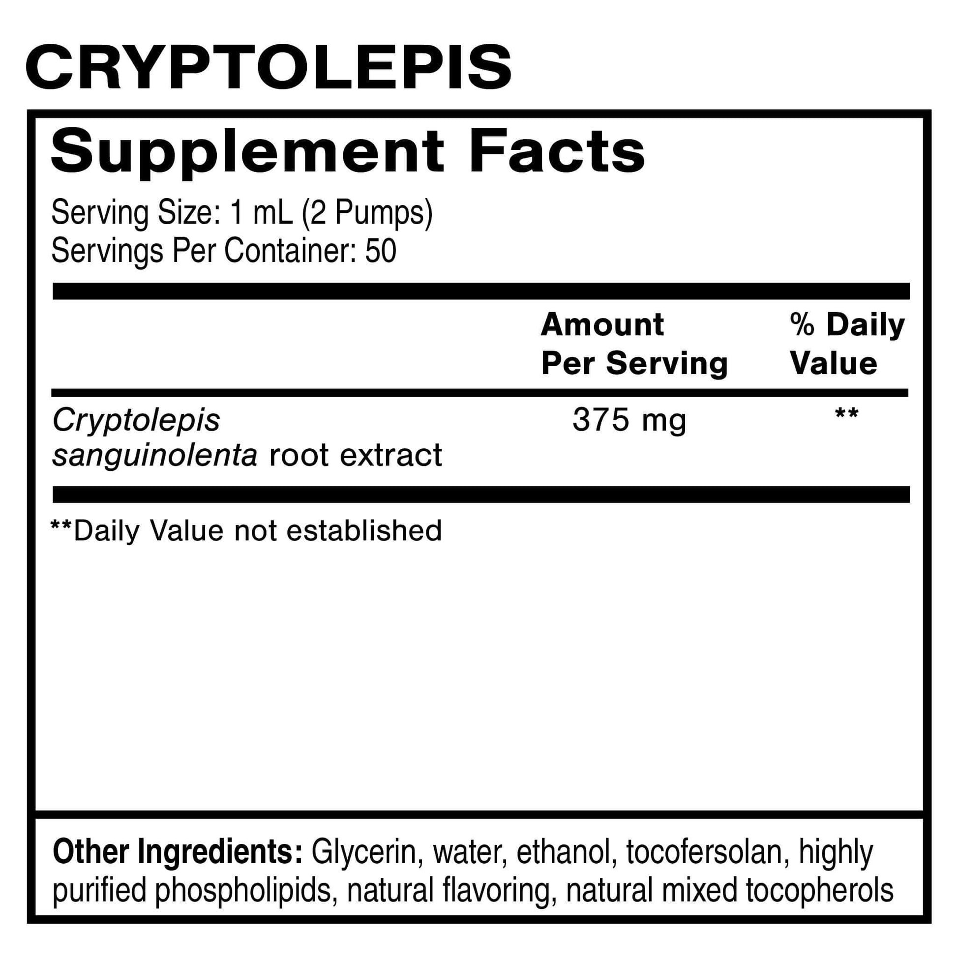 Supplement facts for Nanoemulsified Cryptolepis, highlighting serving size, ingredients, and extract details.