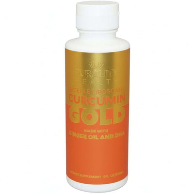 Supplement bottle labeled 'Curcumin Gold' with gold and orange label on a white background