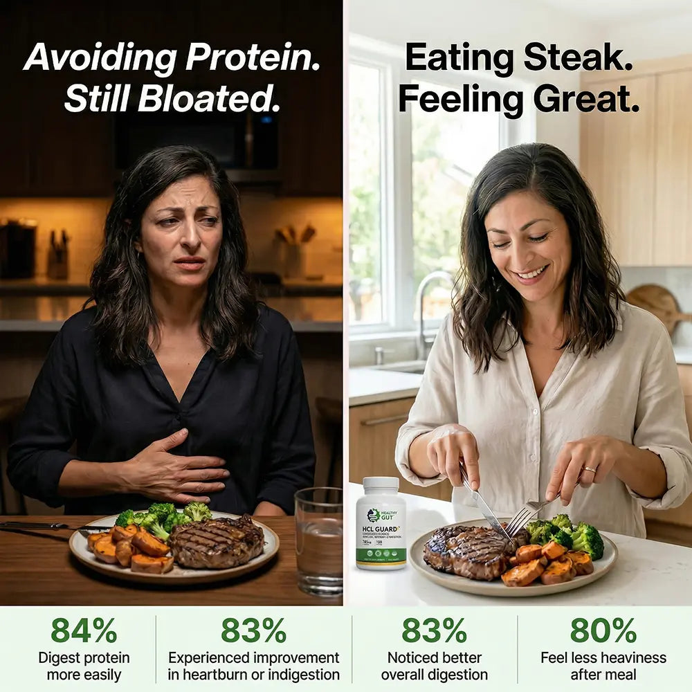 Image comparing experiences of bloating before and after using HCL Guard with Betaine HCl and Digestive Enzymes.